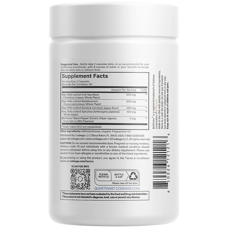 Codeage Raw Wildcrafted Irish Sea Moss Supplement, Spirulina Algae, Bladderwrack Seaweed, Burdock Root, Black Pepper, Non-gmo, 120 Capsules