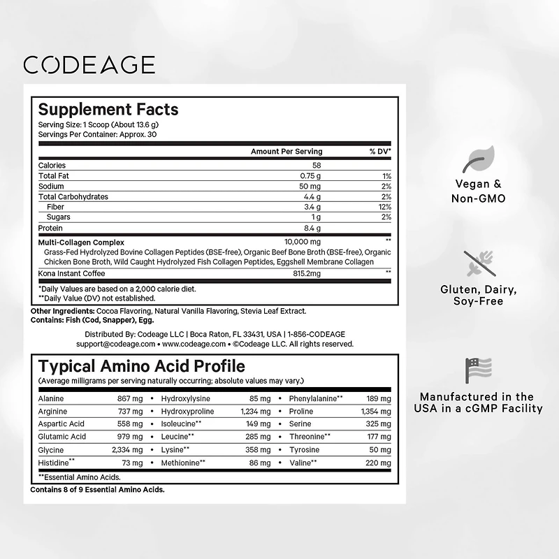 Codeage Multi Collagen Peptides Protein Powder - Chocolate Mocha Instant Coffee - Gourmet Knoa Coffee Drink & Shake