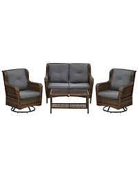 Outsunny 4 Piece Pe Wicker Patio Furniture Set, Conversation Set with 2 360° Swivel Rocking Armchairs, 1 Loveseat Sofa, Thick Cushions and Glass