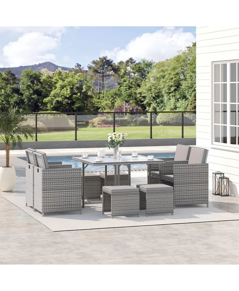 Outsunny 9-Piece Outdoor Pe Rattan Wicker Patio Dining Set, Cushions, 4 Armchairs, 2 Easy-Store Ottoman Footrests, 1 Tempered Glass Center Coffee Tabl