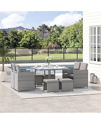 Outsunny 9-Piece Outdoor Pe Rattan Wicker Patio Dining Set, Cushions, 4 Armchairs, 2 Easy-Store Ottoman Footrests, 1 Tempered Glass Center Coffee Tabl