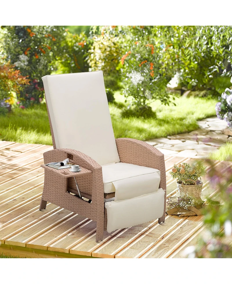 Outsunny Outdoor Wicker Recliner, Rattan Lounge Chair with Adjustable Back, Side Table, Removable Cushion for Patio Backyard Pool Porch, Beige
