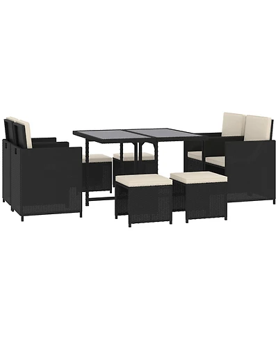 Outsunny 9 Piece Patio Wicker Dining Sets, Space Saving Outdoor Sectional Conversation Set, with Dining Table, Ottoman and Chair & Cushioned for Lawn