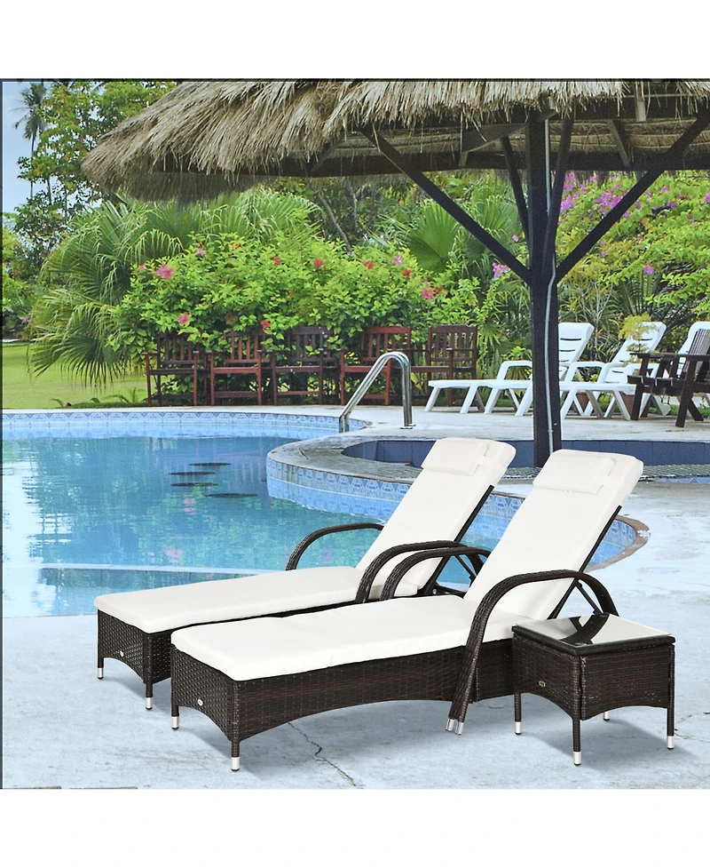 Outsunny 3 Piece Outdoor Furniture Set, 2 Reclining Chaise Lounge Chairs, Rolling Wheels, Armrests, Headrests, Thickly Cushioned, 1 Side Table, Pe Pla