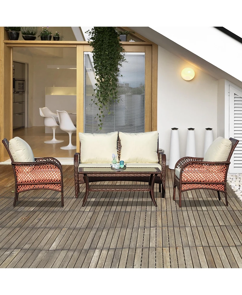 Outsunny 4-Piece Outdoor Rat Sofa Conversation Set w/ Chairs & Table,