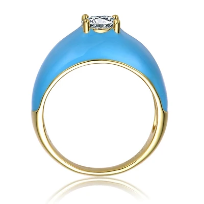 Ra Young Adults/Teens 14k Yellow Gold Plated with Cubic Zirconia Solitaire Blue Enamel Dome Ring