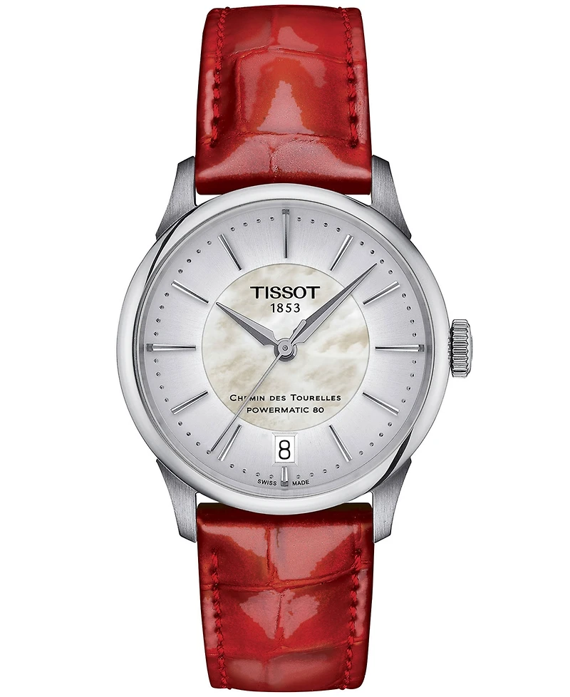Tissot Women's Swiss Automatic Chemin des Tourelles Powermatic 80 Red Leather Strap Watch 34mm