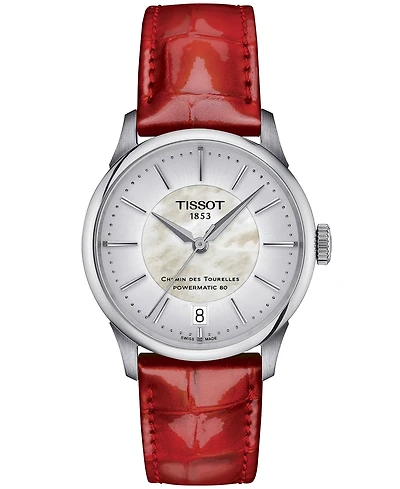 Tissot Women's Swiss Automatic Chemin des Tourelles Powermatic 80 Red Leather Strap Watch 34mm