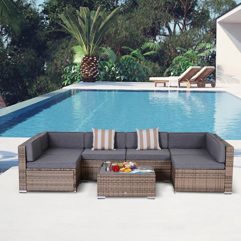 Outsunny 7-Piece Patio Furniture Sets Outdoor Wicker Conversation Sets All Weather Pe Rattan Sectional sofa set with Cushions & Slat Plastic Wood Tabl