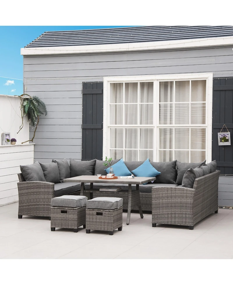 Outsunny Patio Furniture Sectional Sofa w/ Ottomans & Table