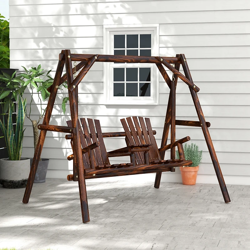Outsunny Wooden Porch Swing with Sd with Center Table Patio Swing Chair