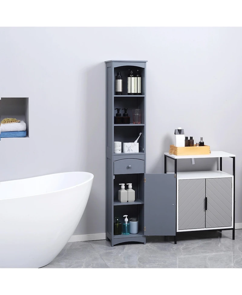 Homcom Bathroom Storage Cabinet, Free Standing Bath Storage Unit, Tall Linen Tower with 3-Tier Shelves and Drawer, Grey