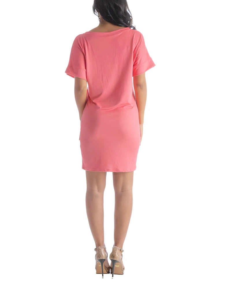 24seven Comfort Apparel Solid Color Loose Fit V Neck T Shirt Style Women's Knee Length Dress