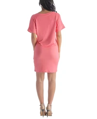 24seven Comfort Apparel Solid Color Loose Fit V Neck T Shirt Style Women's Knee Length Dress