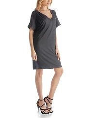 24seven Comfort Apparel Solid Color Loose Fit V Neck T Shirt Style Women's Knee Length Dress