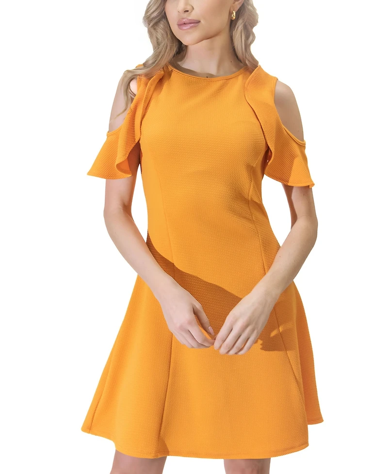 24seven Comfort Apparel Ruffle Cold Shoulder a Line Knee Length Dress