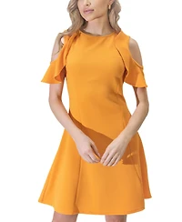 24seven Comfort Apparel Ruffle Cold Shoulder a Line Knee Length Dress