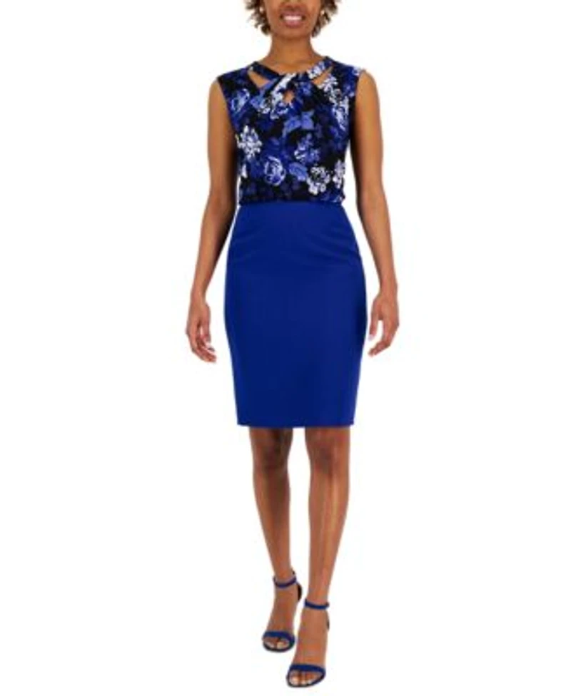 Kasper Womens Floral Print Twisted Neck Top Crepe Slim Skirt