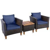 3 Pcs Outdoor Patio Rattan Bistro Furniture Set Wooden Table Top Cushioned Sofa