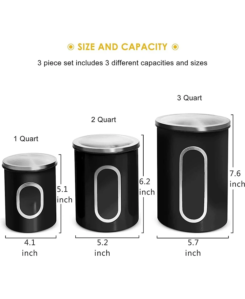 Megacasa 3 Piece Stainless Steel Canister Set in Black Finish