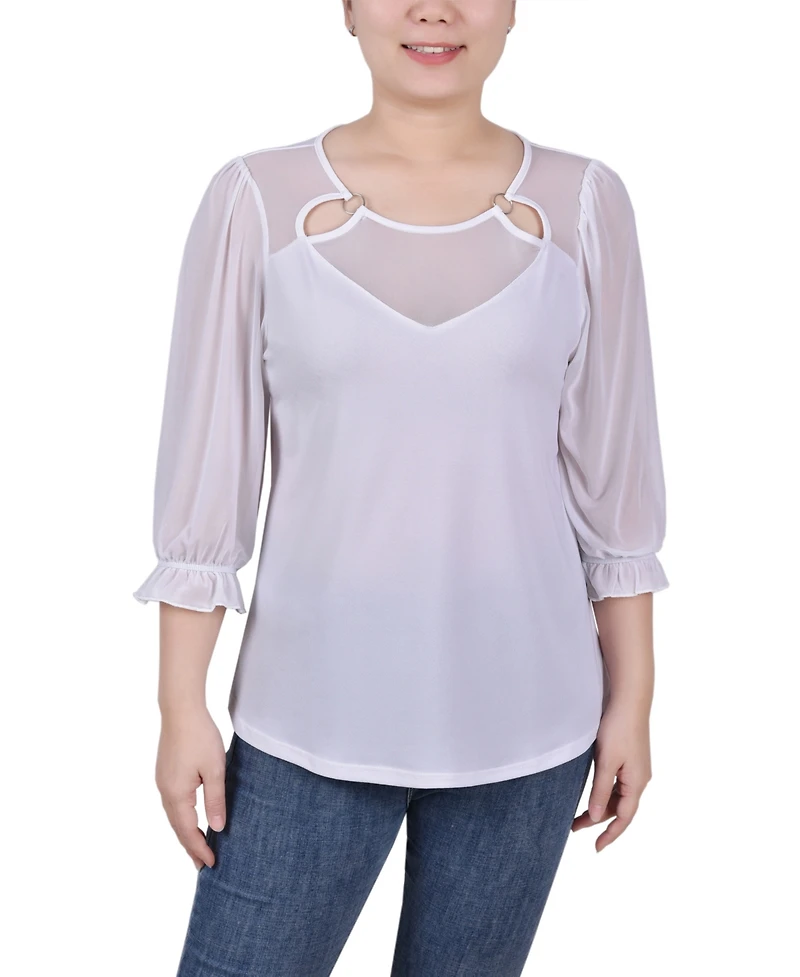 Ny Collection Petite 3/4 Sleeve Ringed Mesh Top