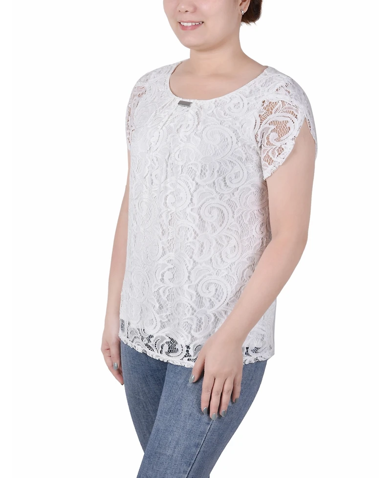 Ny Collection Petite Lace Petal Short Sleeve Top
