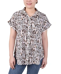 Ny Collection Petite Short Rolled Sleeve Button Front Blouse