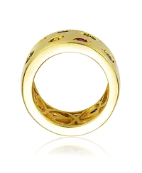 Radiant 14K Gold Plated Wide Band Ring with Spotted Multi-Colored Cubic Zirconia