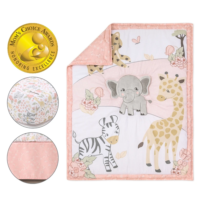 The Peanutshell Pink and Grey Wildest Dreams Crib Bedding Set for Baby Girls, 3 Piece Nursery Set
