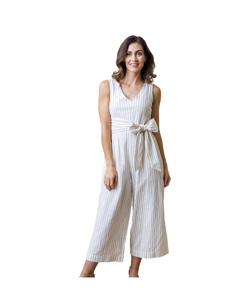 Hope & Henry Womens' Woven Sleeveless Tie-Waist Jumpsuit with Wide Leg
