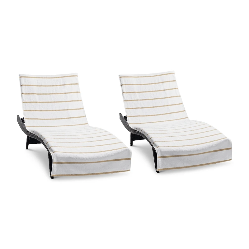 Arkwright Home Chaise Lounge Cover (Pack of 2, 30x85 in.), Cotton Terry Towel with Pocket to Fit Outdoor Pool or Chair, White Colored Stri