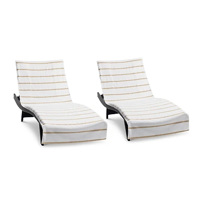 Arkwright Home Chaise Lounge Cover (Pack of 2, 30x85 in.), Cotton Terry Towel with Pocket to Fit Outdoor Pool or Chair, White Colored Stri