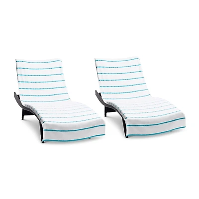 Arkwright Home Chaise Lounge Cover (Pack of 2, 30x85 in.), Cotton Terry Towel with Pocket to Fit Outdoor Pool or Chair, White Colored Stri
