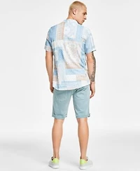 Guess Mens Patchwork Button Down Shirt Mosaic Triangle Logo Graphic T Shirt Regular Fit Stretch Denim Shorts