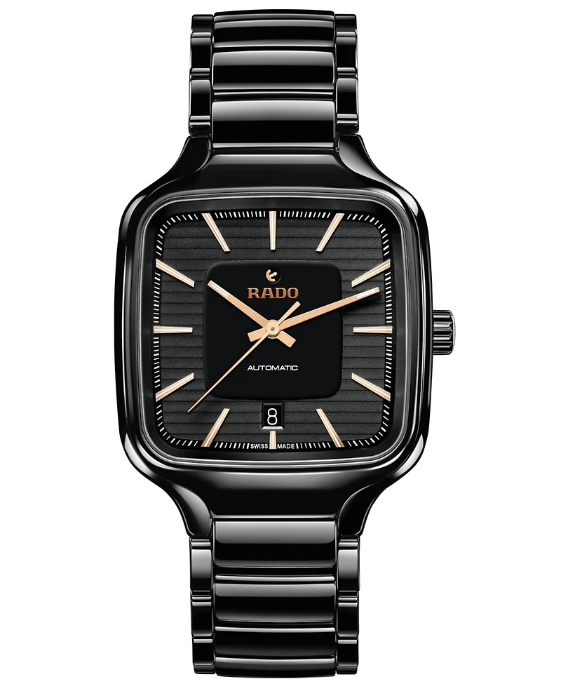 Rado Unisex Swiss Automatic True Square Black High-Tech Ceramic Bracelet Watch 38mm