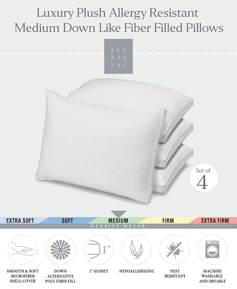 Plush Allergy Resistant Medium Down Like Fiber Filled 4-Pack Pillow