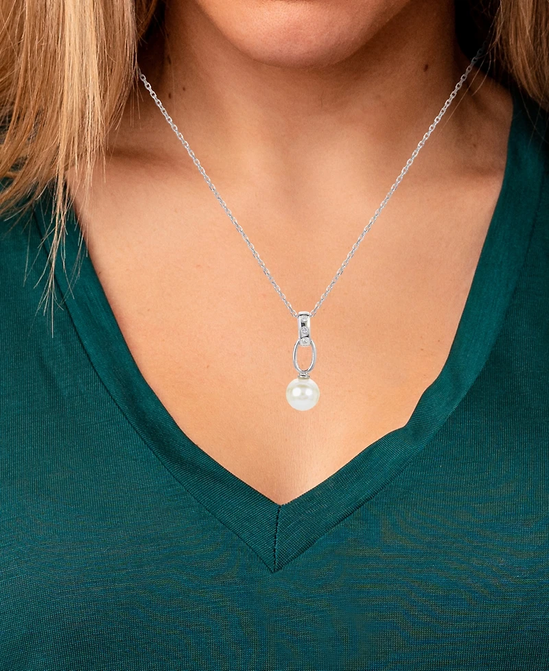Cultured Freshwater Pearl (7-1/2mm) & Lab-Created White Sapphire Accent 18" Pendant Necklace in Sterling Silver