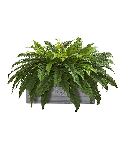 Nearly Natural Boston Fern Artificial Plant in Stone Planter