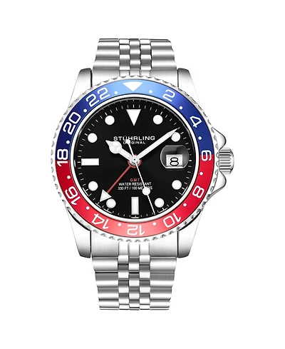 Stuhrling Meridian 3968 Men s Gmt Diver Watch – Quartz Movement, 42mm Stainless Steel Case, Black Dial, Red/Blue Bezel