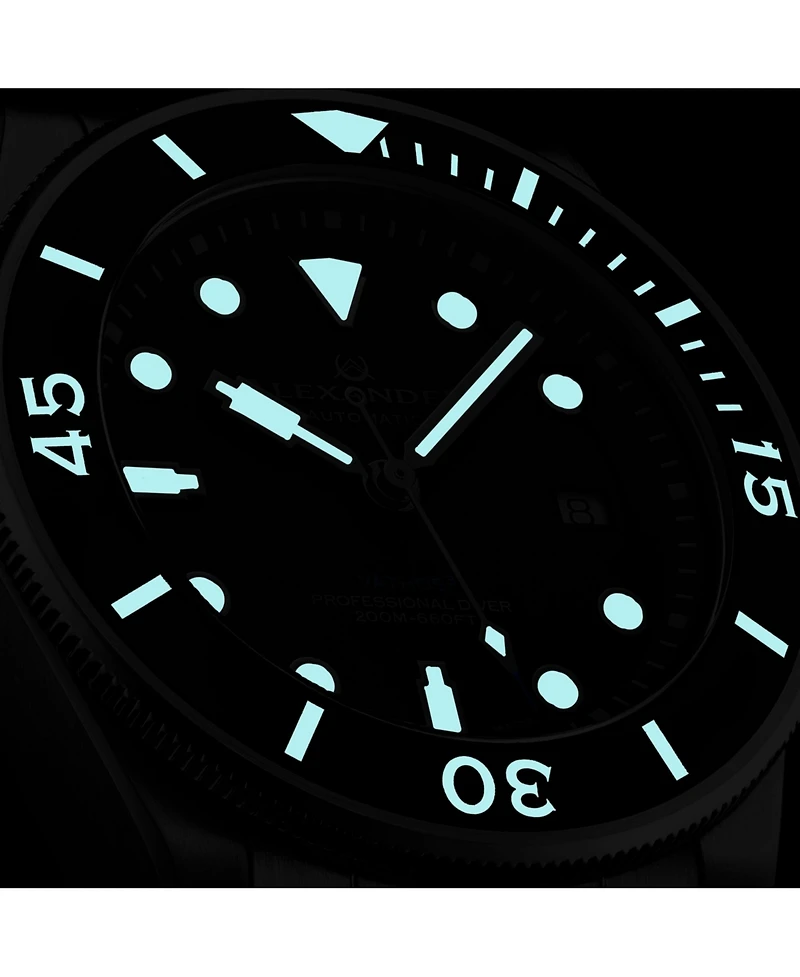 Alexander Vathos3 Men's Swiss Made Diver Watch 43mm Silver Tone Stainless Steel Case Black Dial Rotating Bezel Sapphire Crystal 200M Water Resistant