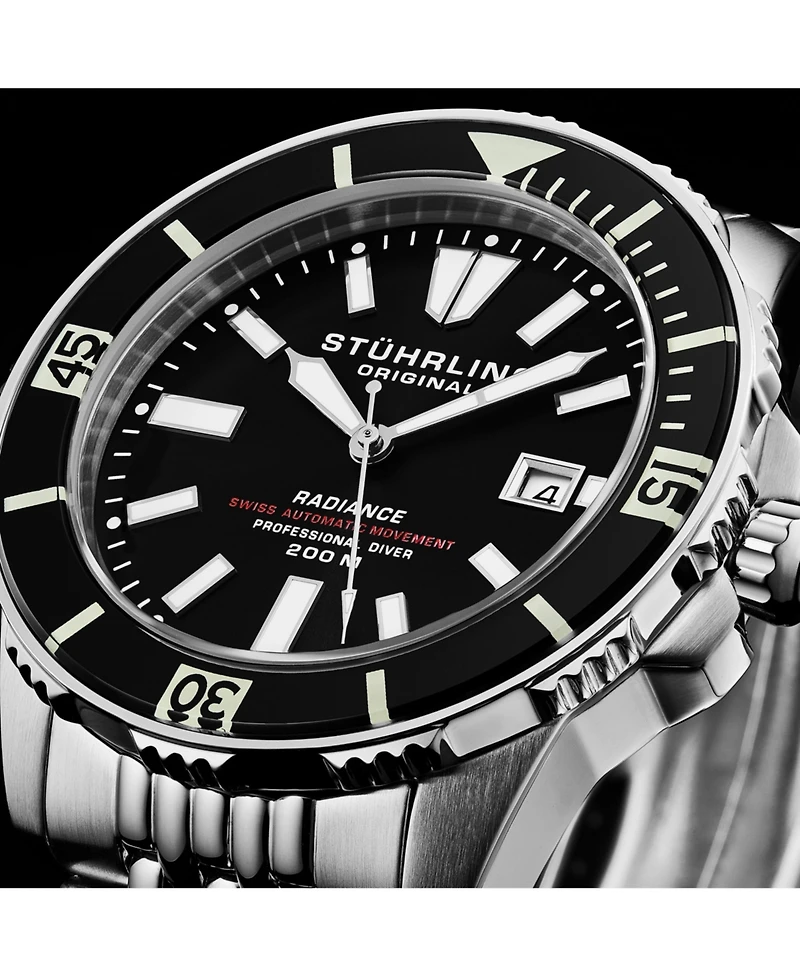 Stuhrling Men s Radiance Heritage 1006 43mm Swiss Automatic Diver Watch, Black Dial & Bezel, Oyster-Style Bracelet, Exhibition Caseback