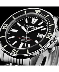 Stuhrling Men s Radiance Heritage 1006 43mm Swiss Automatic Diver Watch, Black Dial & Bezel, Oyster-Style Bracelet, Exhibition Caseback