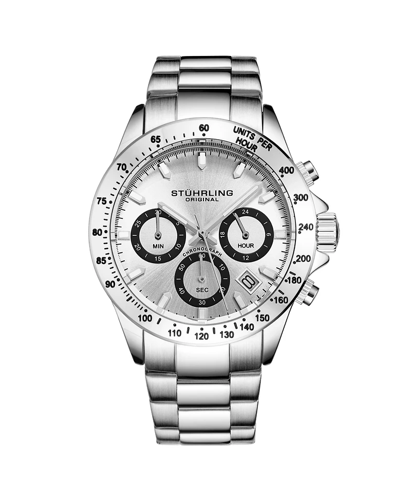 Stuhrling 3960 Ultima Men s Chronograph Watch 42mm, Silver Dial, Tachymeter Bezel, Quartz Movement, Stainless Steel Bracelet