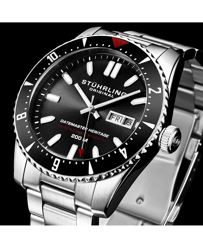 Stuhrling Men s Aquadiver 44mm Swiss Automatic Diver Watch, Black Dial, Rotating Bezel, Stainless Steel, 200M Water Resistant