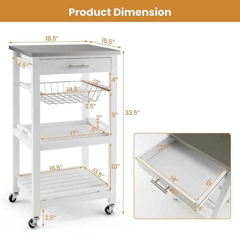 Compact Kitchen Island Cart Rolling Service Trolley with Stainless Steel Top Basket