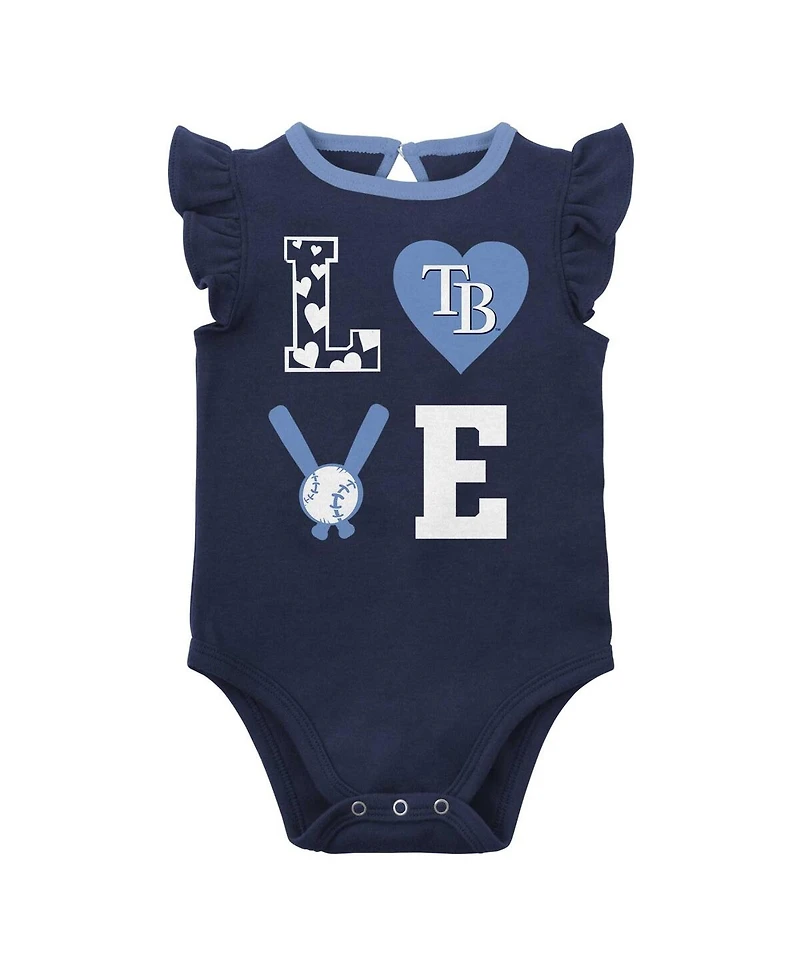 Newborn and Infant Boys Girls Navy, Light Blue Tampa Bay Rays Three-Piece Love of Baseball Bib, Bodysuit Booties Set