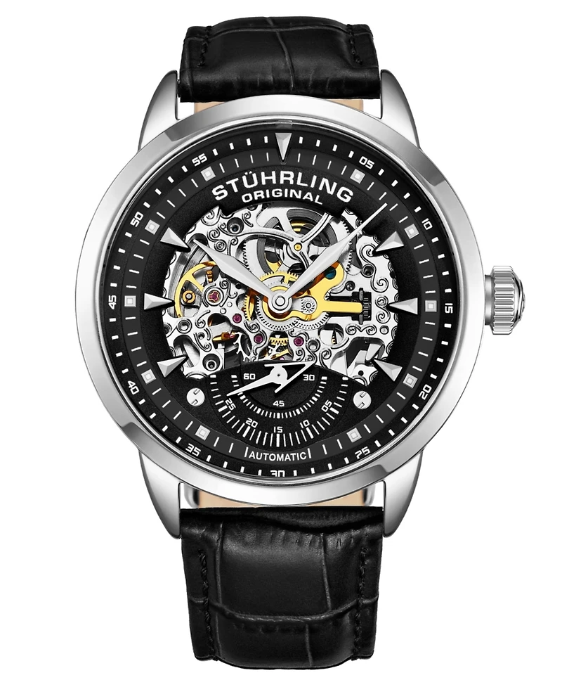 Stuhrling Men's Legacy Black Leather, Black Dial, 44mm Round Watch