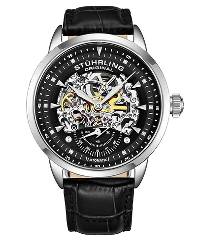 Stuhrling Men's Legacy Black Leather, Black Dial, 44mm Round Watch