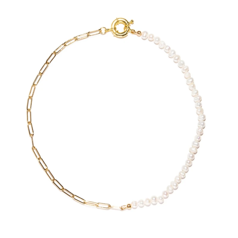 18K Gold Plated Paper Clip Chain with Freshwater Pearls - Lily Necklace 16" For Women
