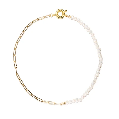 18K Gold Plated Paper Clip Chain with Freshwater Pearls - Lily Necklace 16" For Women